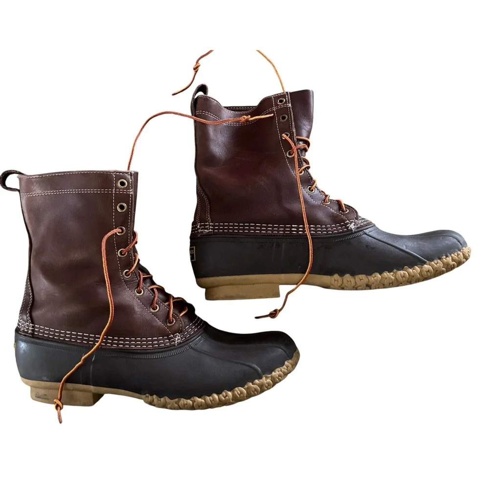 LL Bean Duck Boots Mens 10 Brown Excellent Sheepskin Cushioned Footbed 8-Inch